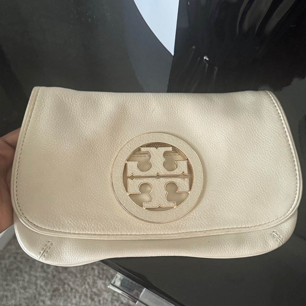 Tory Burch Ivory Clutch with Logo Accent